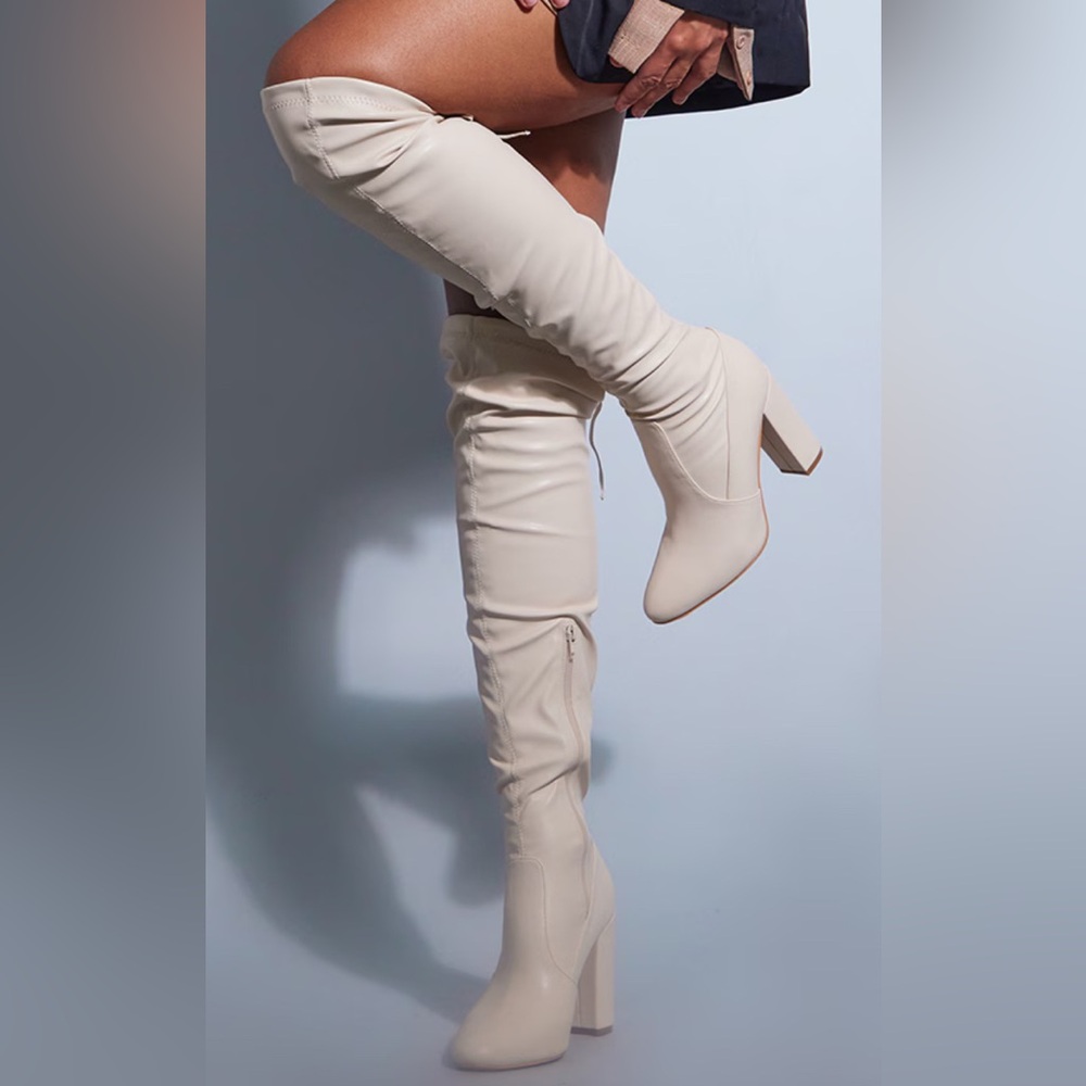 Pretty Little Thing Faux Leather Round Toe Block Heel Over the Knee Boots. NWT - Picture 4 of 7